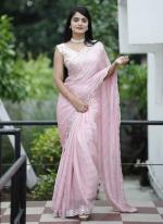 Soft Chinnon Pink Party Wear Weaving  Saree